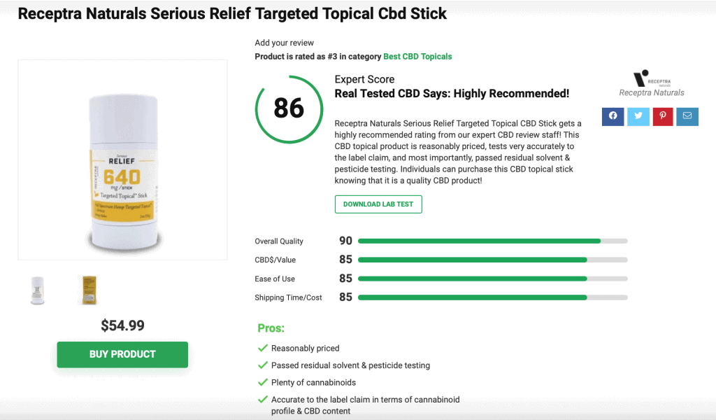 Receptra Naturals Serious Relief Targeted Topical Cbd Stick
