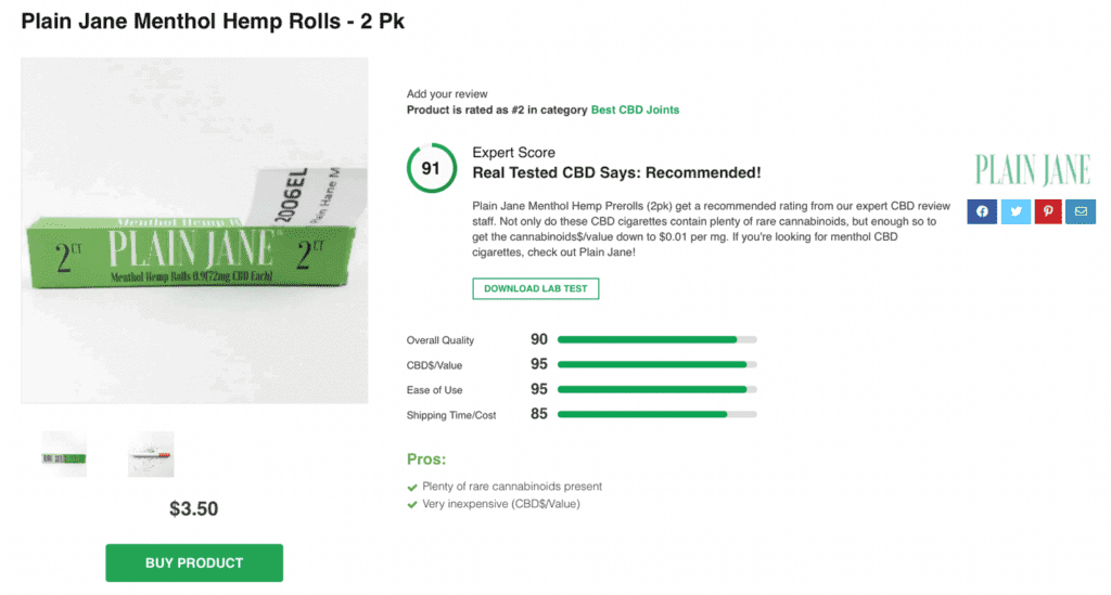 Plain Jane Menthol Hemp Pre-Rolls 2-Pack